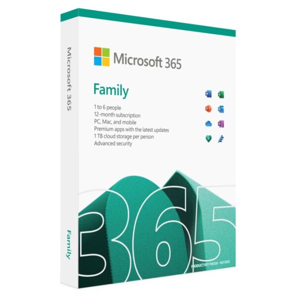 Microsoft 365 Family subscription interface with Word, Excel, and OneDrive icons